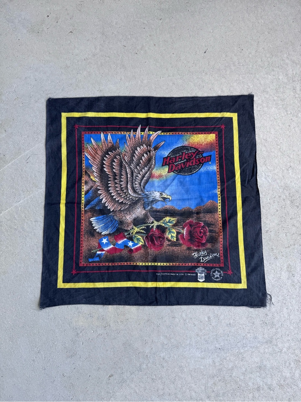 Harley-Davidson Black Bandana with Eagle, Red Rose & Yellow Border